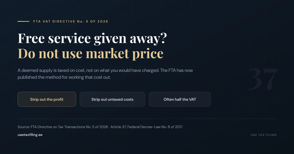 FTA Directive No. 5 of 2026 on valuing deemed supplies of services for UAE VAT by removing profit and non-input-taxed costs from the open market value