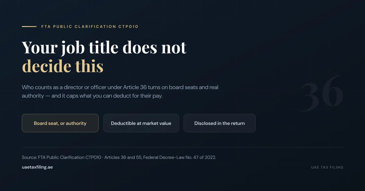 FTA Public Clarification CTP010 on who counts as a director or officer for payments to Connected Persons under Article 36 of the UAE Corporate Tax Law